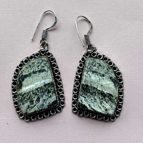925 Sterling Silver Line Jasper Dangle Earrings - Picture 2 of 5